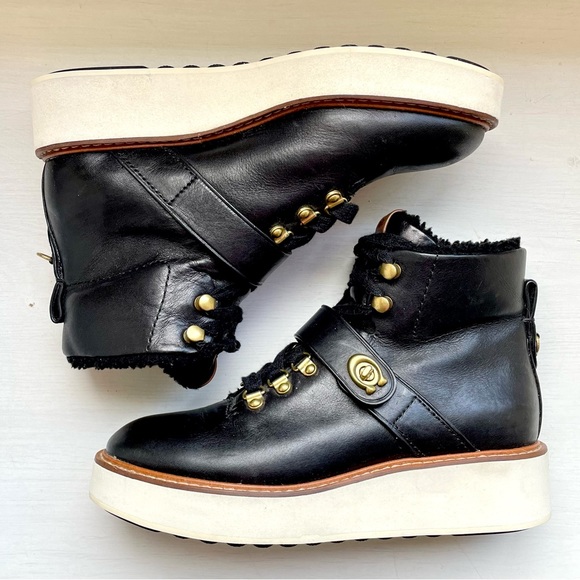 Coach Shoes - Coach Black Leather High Tops Faux Fur Lined